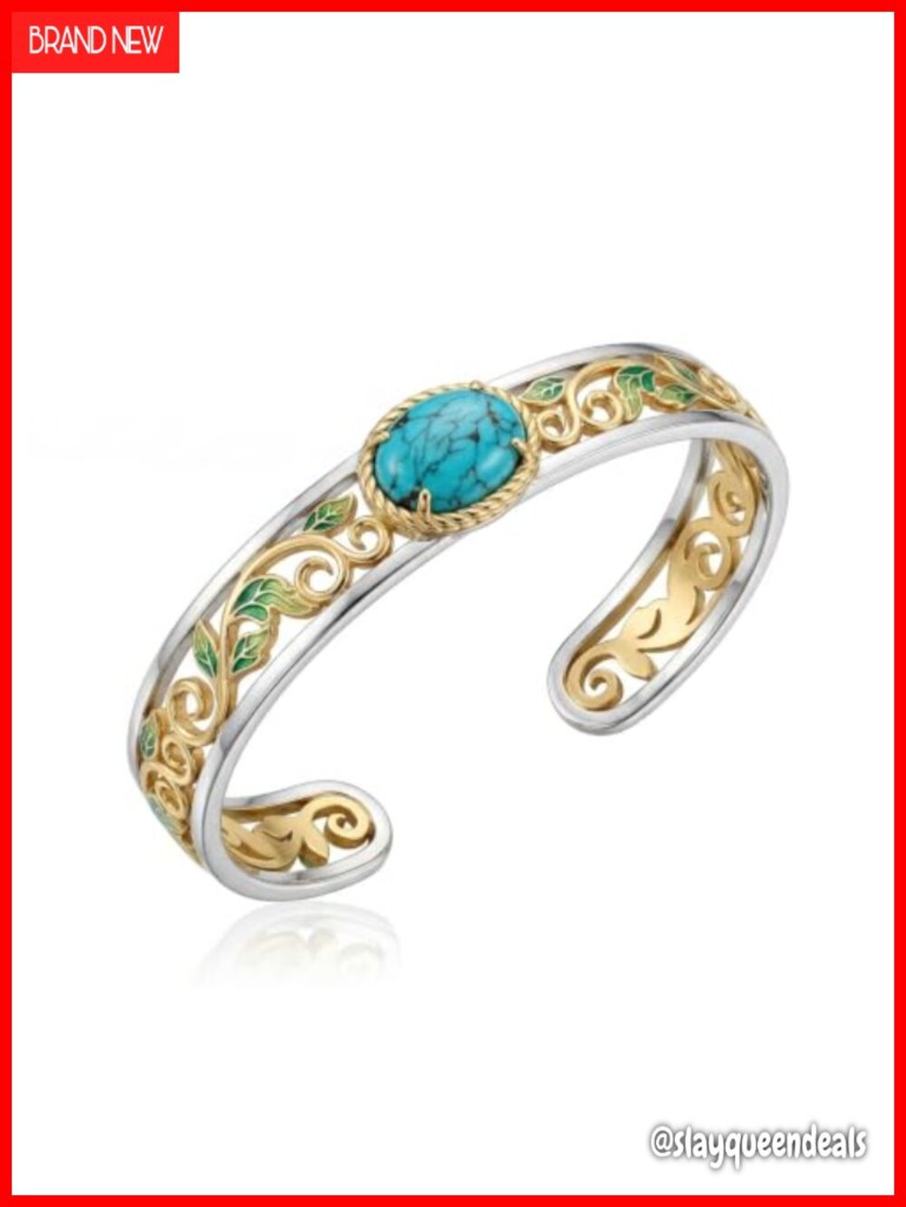 18k White Gold Plated Turquoise Cuff Bracelet Filigree Two-Tone Adjustable